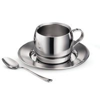 Tasses à café modernes en acier inoxydable 304 écologiques avec logo personnalisé, vente en gros, avec soucoupe et cuillère, capacité 100 ml, lot de 3 pièces pour thé au lait
