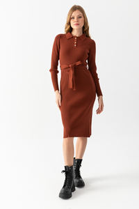 Robe en velours côtelé décontractée pour femmes, confortable et élégante, col polo, manches en tricot, décoration à motif de tour de taille naturel - Product Image 2