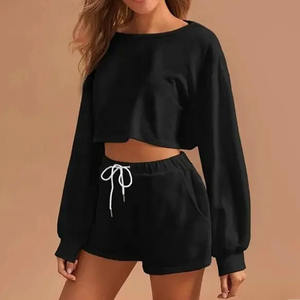 Ensemble short pour femmes Logo personnalisé couleur unie 2 pièces ensemble court été mode porter à manches longues haut court et short pour femmes ensemble court - Product Image 5