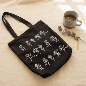 Hand Painted Folk Art Motifs Tote <b>Bag</b> Black Cotton 100% Cotton <b>Medium</b> Size Style Handle Heat Transfer Printing for Advertising - Product Image 1