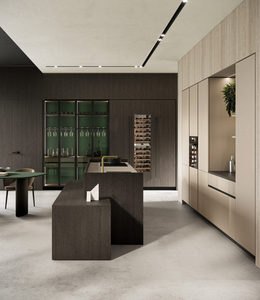 Juego de Muebles de Cocina de Estilo Italiano Moderno y Lujoso, Diseño Minimalista con Puertas de Vidrio y Chapa de Madera Oscura, Diseños Modulares de Isla de Cocina para Villa - Product Image 1