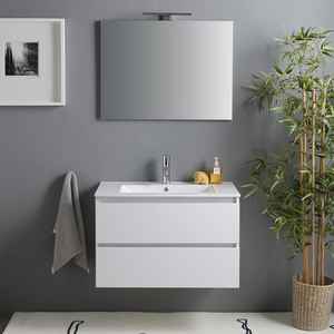 Mueble de Baño Suspendido en Pared Blanco Brillante de 80 cm con 2 Cajones, Espejo y Lámpara Baltimora, Juego de Baño - Product Image 2