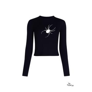 Blusa girocollo Slim Fit da donna a manica lunga con stampa ragno nera
