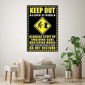 Póster de Gamers Modernos en el Trabajo, Material de Lona con Marco Negro, Diseño 'Keep Out' - Product Image 1