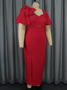 <span class=keywords><strong>Abito</strong></span> da sera con fessura laterale con fiocco asimmetrico con manica a volant rossa per natale - Product Image 5