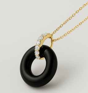 Unisex 14K จี้ทองคำแข็งสีเหลืองทองออกแบบอย่างสวยงามสีดำนิลรูปโดนัทเพชรโรเดียมชุบการตั้งค่าการจัดงานแต่งงาน - Product Image 3