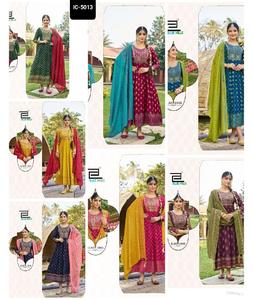 Traje de Anarkali de rayón pesado con bordado y trabajo de impresión con estampado de Chanderi pesado Dupatta - Product Image 1