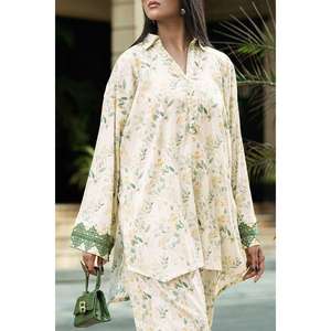 ชุดเซ็ตสองชิ้นสไตล์โบฮีเมียนสำหรับผู้หญิง ลายพิมพ์ริ้วระบาย ผ้าชีฟองสีเบจ สำหรับฤดูใบไม้ผลิ/ฤดูร้อน ไซส์ XS/XS - Product Image 5