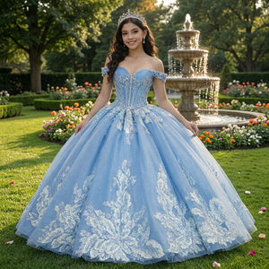 6762 Robes de soirée élégantes bleues à épaules dénudées avec motif floral pour les fêtes - Product Image 1