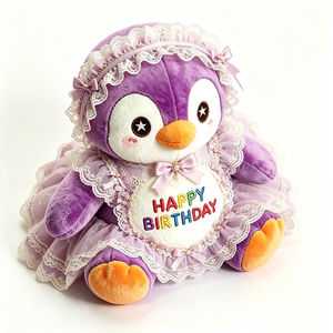 Pingüino de peluche morado personalizado, pingüino de peluche para cumpleaños, lindo pingüino de peluche con vestido, juguete de peluche de feliz cumpleaños - Product Image 4