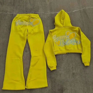 Conjunto Deportivo Unisex de Invierno, Sudadera con Capucha y Cremallera, Pantalones Deportivos Acampanados, Bordado 3D, Estampado Sólido, Diseño Personalizado - Product Image 2