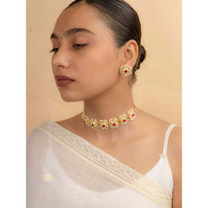 Ensemble de collier Jadau Kundan plaqué or de couleur rose - MS1591YP Bijoux en cuivre et laiton Rubis Perle Diamant Cadeau de mariage principal - Product Image 4