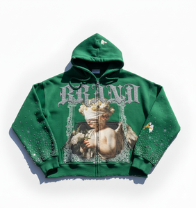 100% Cotton Custom Rhinestone Zip Fleece Men's Heavyweight Oversized Blue Full Zip Breathable Sweatshirt Wholesale Manufacturer - Product Image 4