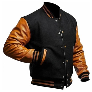 Veste universitaire sportive col montant laine noire manches en cuir Streetwear Bomber CollegeBaseballjacket pour hommes livraison DDP - Product Image 1