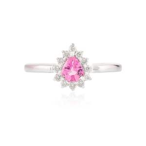 Dernière bague de fiançailles classique de luxe en or blanc 14 carats saphir rose taille poire naturel grappe de diamants pour les mariages et les fêtes - Product Image 1