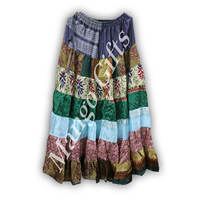 Jupe longue en mousseline de soie vintage indienne pour femme, confortable, élastique, à volants, style bohème, plage, gypsy, hippie
