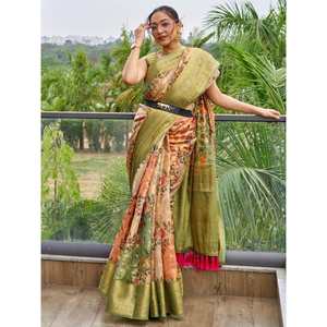 Sari de Organza con Estampado Floral Verde para Mujer, Conjunto Atractivo para Festivales - Product Image 2