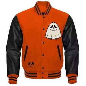 Chaquetas Varsity Naranjas para Mujer con Logotipo Bordado Personalizado, Mangas Negras, Transpirables, Estilo Urbano, Chaquetas Letterman - Product Image 1