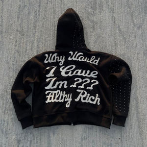 Sudadera con Capucha de Diseñador de Alta Calidad para Hombre, Otoño 2025, Negra, de Algodón, Estilo Vintage, Desgastada, con Parches Personalizados, Cremallera y Pedrería, Estilo Urbano - Product Image 5