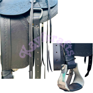 Premium All Black Custom Western Wade Saddle Tooled Leather Horse Tack Set con diseño inglés - Product Image 6