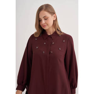 Chemise chic bordeaux ornée de dentelle avec col à volants pour femmes - Product Image 4