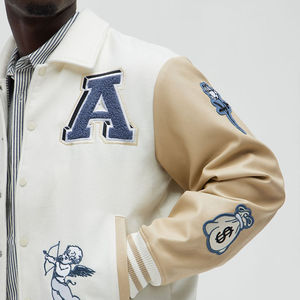 Chaqueta universitaria informal para hombre, de piel auténtica, con bordado de chenilla, estilo callejero, lana, PU, cierre con cremallera térmica, Letterman - Product Image 5
