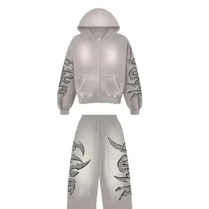 Fabricante personalizado de dos piezas Jogger pantalones de chándal Flare apilado Vintage totalmente DTF impreso hombres sudaderas con capucha personalizadas - Product Image 2