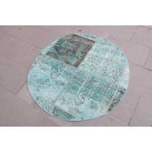 Alfombra Turca Redonda de 3.5x3.5 pies, Alfombra de Lana Vintage con Borde Azul - Product Image 2