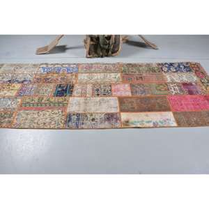 Classic 3.3 X 9.6ft Large Vintage Beige Wool Turkish Rug Handmade Abstract Patchwork Rectangle Latex Backing for Hallway Use - Product Image 3