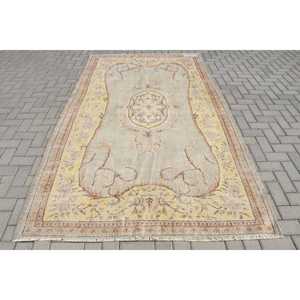 Vintage Turkish Rug, 5.4x9.1 ft Large Rug, <b>Yellow</b> Brown Polka dot <b>Wool</b> Rug - Product Image 3