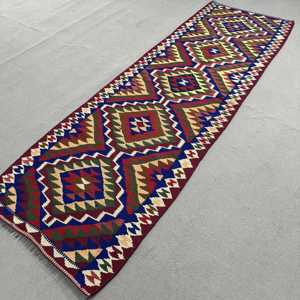 พรมคิลิมวินเทจขนาด 2.7x9.3 ฟุต พรมตุรกี พรมขนสัตว์สีแดงลายปะติด - Product Image 2