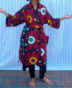 Handmade Indian Kantha Stitch <b>Robe</b> Winter Floral Jacket Night Wear Dress with Unique Letter Pattern Floral Kantha <b>Robe</b> - Product Image 2