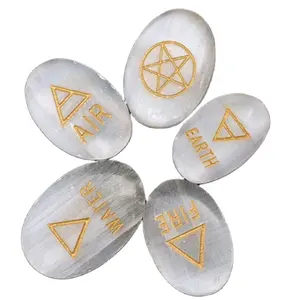 hot quality selenite Bulk wholesale engraved stone with pagan wiccan symbols set : Air, Fire, Water, Earth