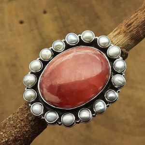 925 Sterling Silver Boho <b>Ring</b> 2024 Best Seller Handmade Oval Shape Rhodochrosite <b>Pearl</b> Gemstone Multiple Stones Diamond Weddings - Product Image 1