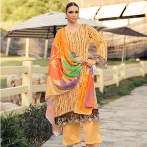 คอลเลกชั่นวัสดุชุดเดรสผ้าซาตินพิมพ์ลายพร้อมดามันปักทำงานซาลวาร์ - Product Image 1