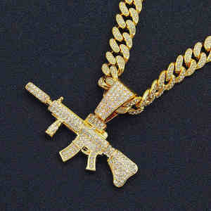 Collar con Colgante de Pistola Premium, Oro y Plata, con Diamantes Cultivados en Laboratorio de Corte Brillante, Cadena Cubana, Joyería de Lujo Estilo Hip Hop - Product Image 2