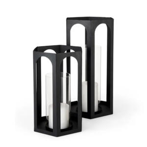 Set 2 Black Glass <b>Candle</b> <b>Lanterns</b> Metal Chimney Outdoor Pillar <b>Holder</b> Lights for Home Decor Weddings Ramadan Easter Celebrations - Product Image 1
