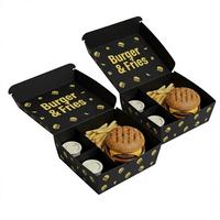 Scatola per hamburger a conchiglia in cartone nero antigrasso, personalizzabile con logo, per combo da asporto, ideale per pranzo, in offerta speciale