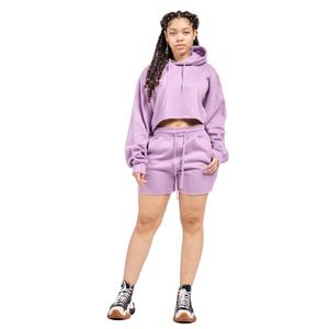 Femmes lavage à l'acide deux pièces ensemble court en gros Logo personnalisé haut court à capuche short tenue polaire tissu broderie Jogging - Product Image 2