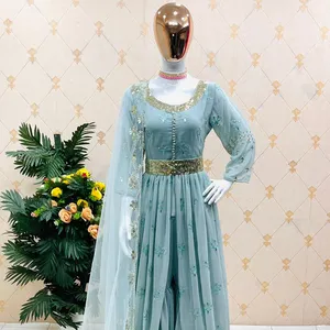 Hermoso diseñador bordado indio Palazzo Sharara Salwar trajes pesados Faux Georgette Net estilo paquistaní ropa de fiesta de boda - Product Image 1