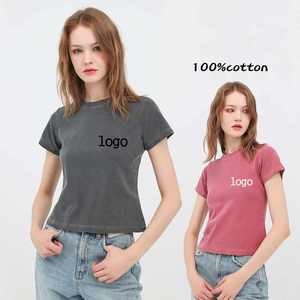 High Quality Cotton T-Shirt 100% Blank Slim Fit Crop Acid Washed <b>Tshirt</b> Custom Vintage T Shirt for Women - Product Image 1
