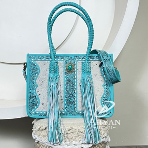 New Latest Fashion 2025 Designer Handbag <b>Shoulder</b> <b>Bag</b> Luxury Hand Tooled Leather Women's Tote <b>Bags</b> with Turquoise Stone & Fringe - Product Image 1