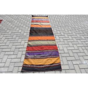 2.5x9.1 ft Vintage Rug, Turkish <b>Runner</b> Rug, <b>Red</b> Yellow Striped Wool Rug - Product Image 1