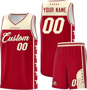 Ensemble de maillots de basket personnalisés rouge crème, col en V, sans manches, en mesh, impression sublimée, unisexe, adulte, toutes saisons, respirant - Product Image 1