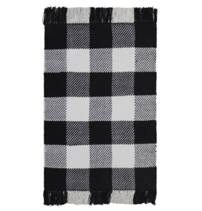 Tapis en coton à tissage plat réversible noir et blanc géométrique moderne durable tissé à la main frange de cuisine/entrée - Product Image 1