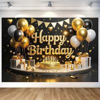 Bannière en polyester noir et or Joyeux Anniversaire, toile de fond pour ballons dorés et gâteaux, idéale pour les décorations de fête d'adultes