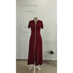 Women's Short Sleeve Open Neck Front <b>Zipper</b> Flared Midi Viscose Dress, 34206 - Product Image 3