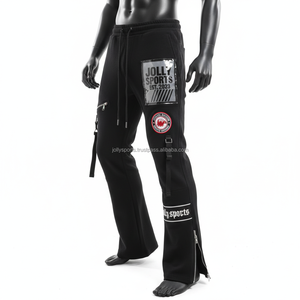 Haute qualité hommes survêtement pantalon épais polaire tissu taille réglable couleur noire avec Chenille broderie Logo lavé hommes pantalons - Product Image 5