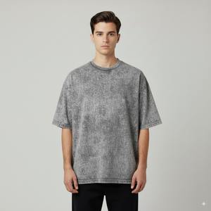 Invierno nuevo 400g pesado doble hilo hombres camiseta Terry algodón polar suelto cuello redondo manga corta lavado ácido impreso camiseta - Product Image 6