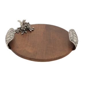 Bandeja de servicio de madera de forma redonda hecha a mano de lujo de mesa con mango de metal de diseñador para fiestas y desayunos - Product Image 1